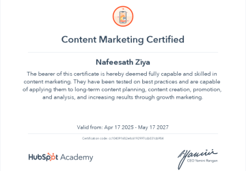 CERTIFICATE OF NAFEESATH ZIYA. DIGITAL MARKETING STRATEGIST IN KANNUR
