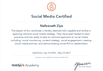 certificate of nafeesath ziya, digital marketing strategist in kannur