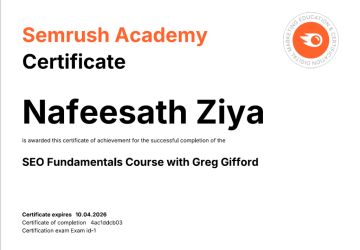 DIGITAL MARKETING STRATEGIST NAFEESATH ZIYA'S SEMRUSH SEO FUNDAMENTALS CERTICATE