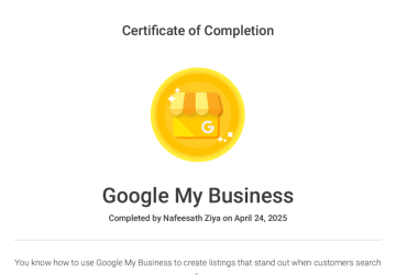 DIGITAL MARKETING STRATEGIST NAFEEESATH ZIYA'S GOOGLE BUSINESS
