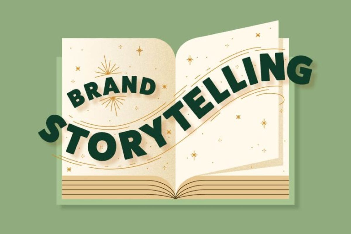 a green background with book on it with titled brand storytelling.