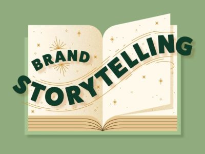 a green background with book on it with titled brand storytelling.