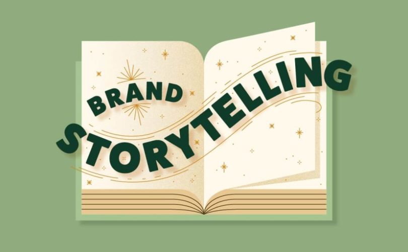 a green background with book on it with titled brand storytelling.